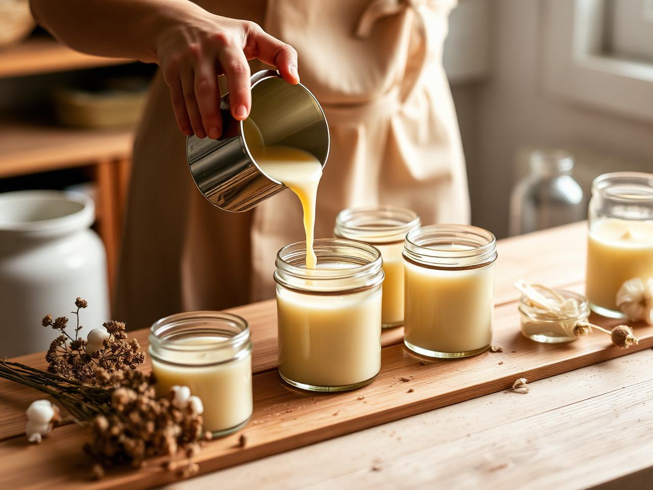 Melted soy wax being poured into glass jars in the Colight studio